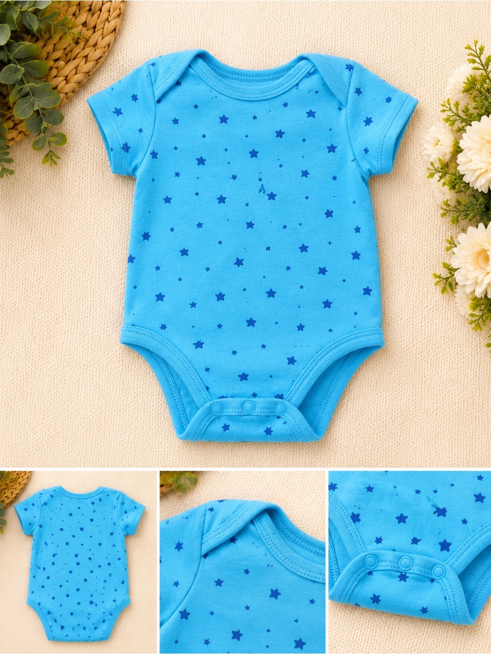 Blue Star-Print Short Sleeve Baby Bodysuit